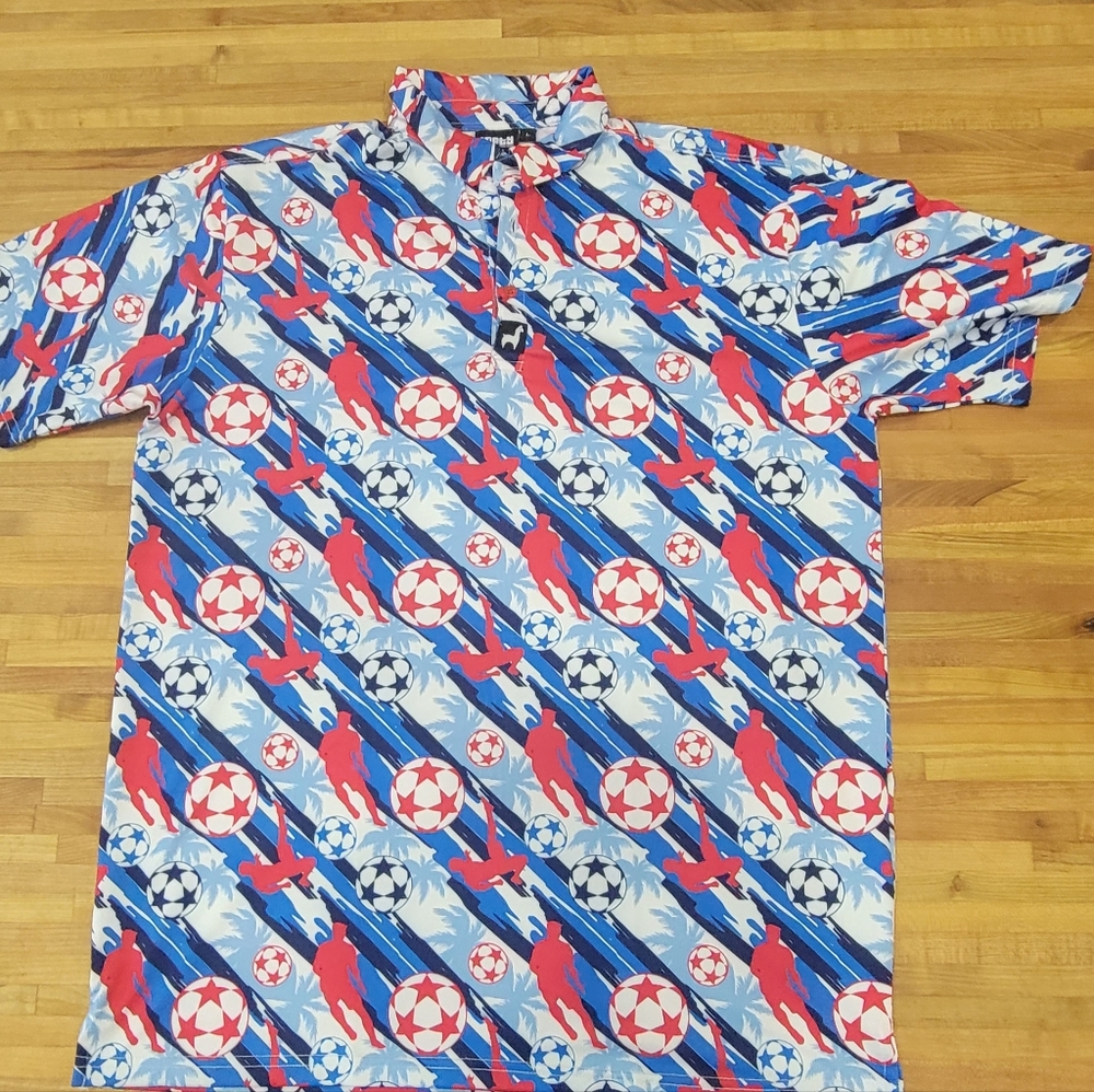 Lofty Llama Red White and Blue Soccer Button Up Shirt size Large